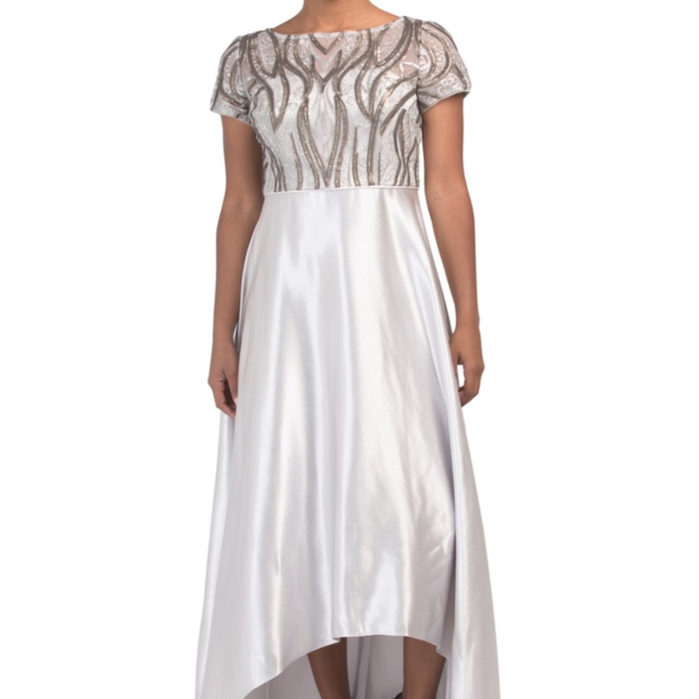 Adrianna papell embroidered satin hi low gown